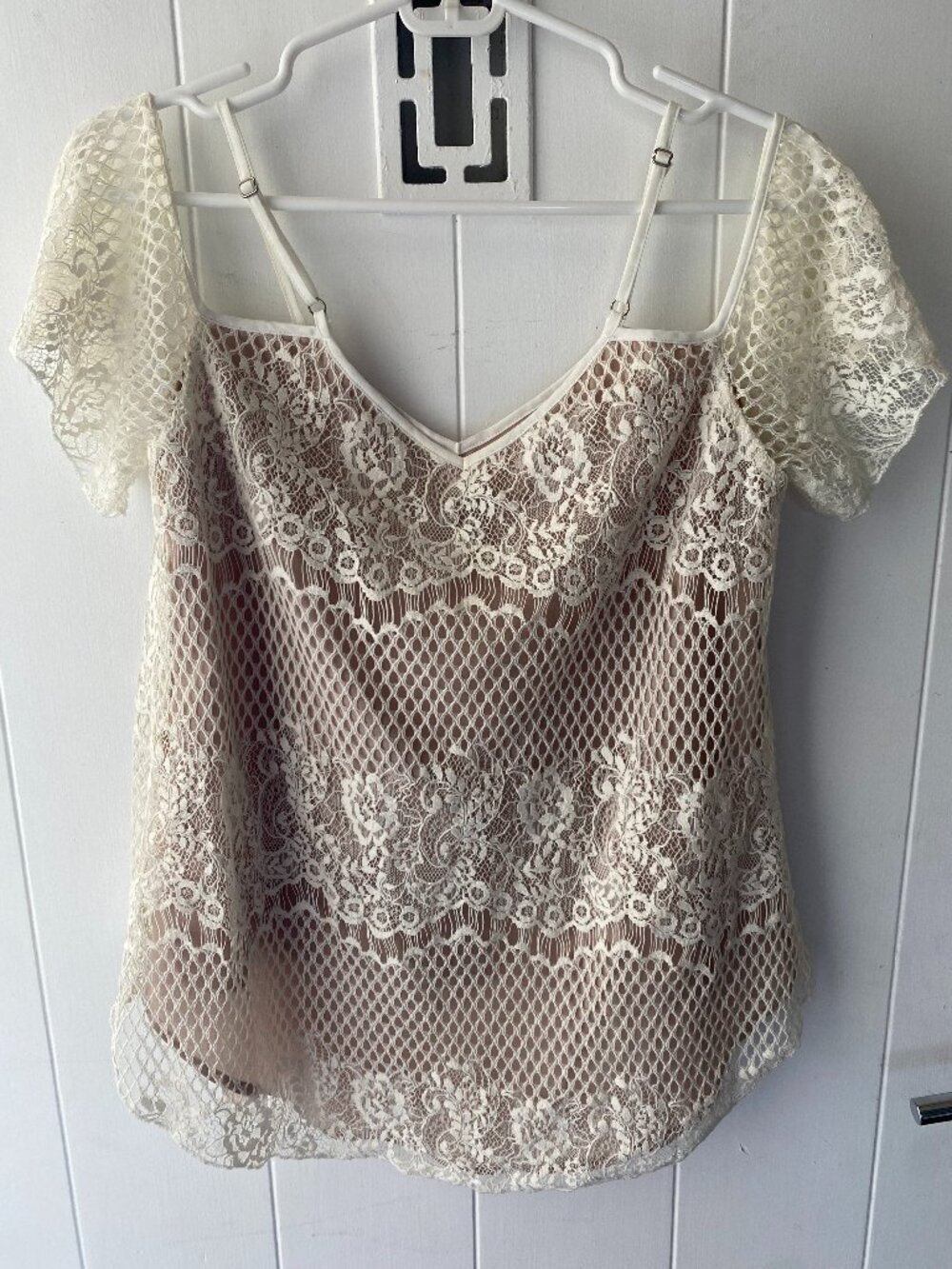 Greylin Anthropologie white lace overlay top delicate, nude lining XS
